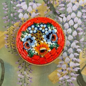 1950 Vintage Signed Italy Micro-Mosaic Floral Round Brooche